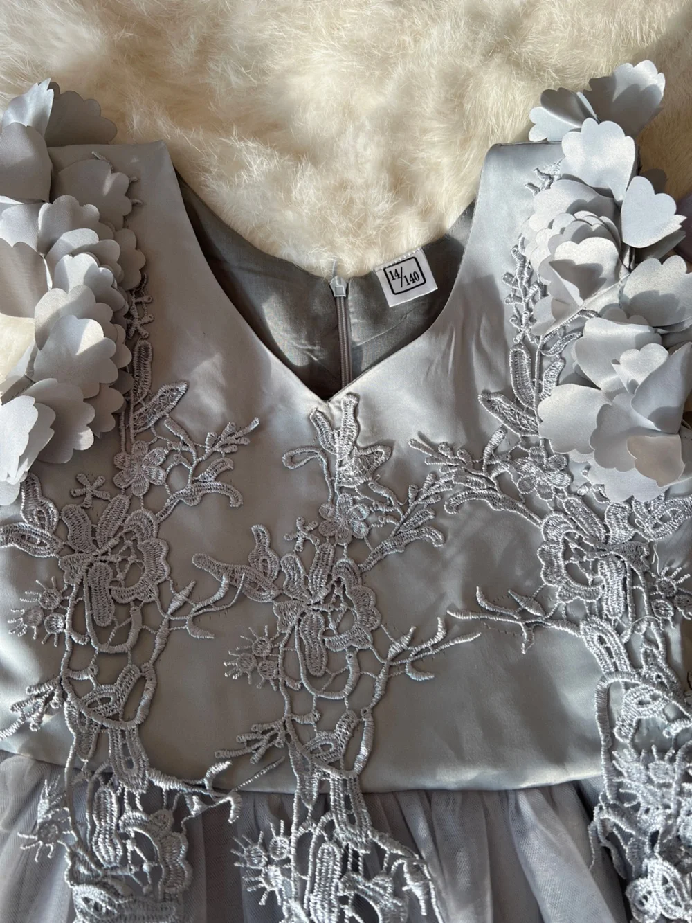 Girls Gray Floral Appliqué Tulle Party Dress